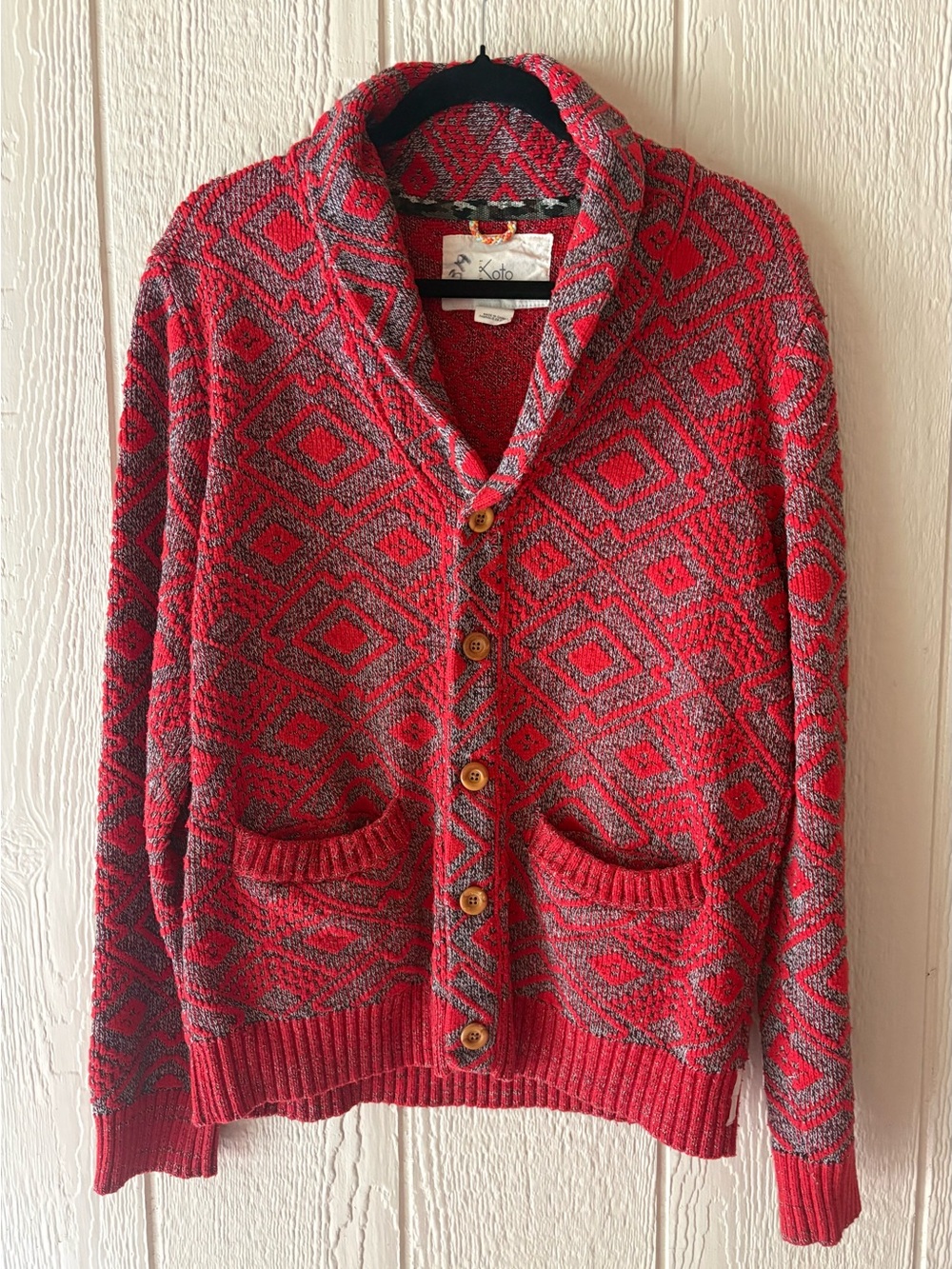 Koto Kikou Engineered Shawl Collar Cardigan Red Gray Men’s Large